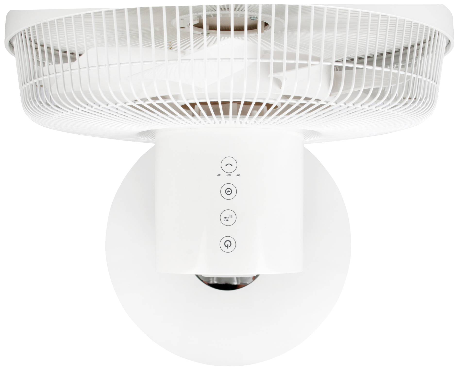Ein weißer Deckenventilator mit drei Bedienknöpfen an der Unterseite, die Ventilatorgeschwindigkeit und Lichtsteuerung anzeigen.