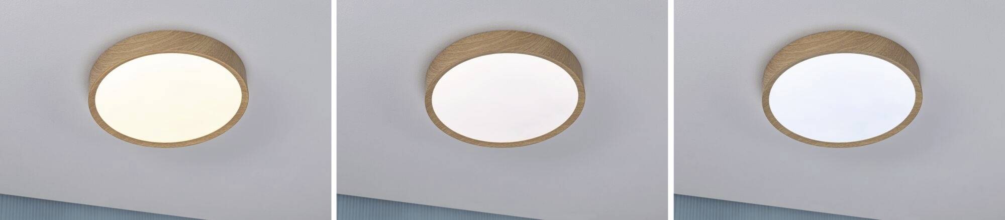 Drei runde Deckenleuchten mit Holzrahmen in warmweißem, neutralem und kaltem Licht von links nach rechts.