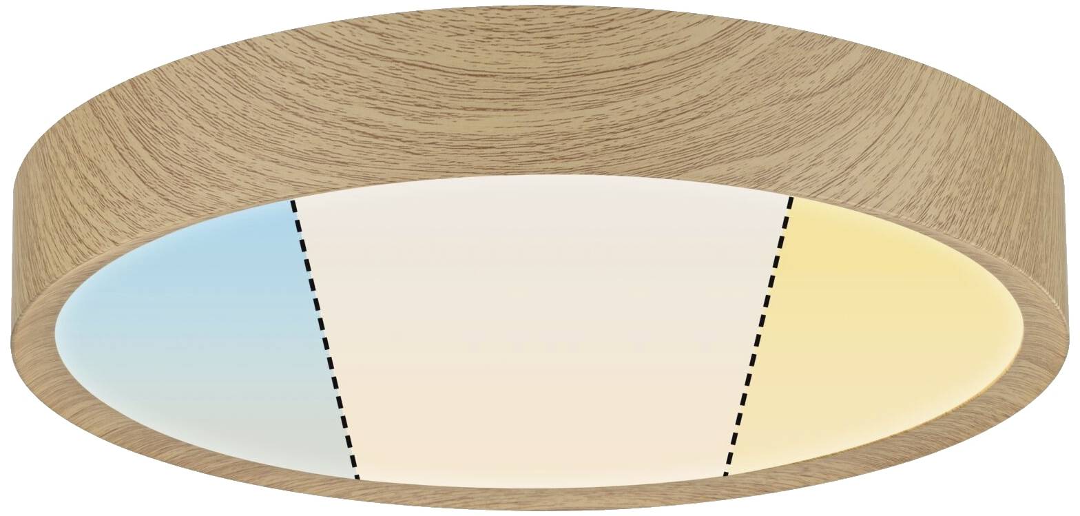 Runde Deckenleuchte in Holzoptik mit Warmweiß bis Kaltweiß einstellbarer Beleuchtung, zeigt verschiedene Lichttöne von Blau bis Gelb.