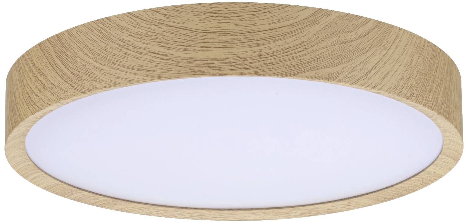 Eine runde Deckenleuchte mit Holzfinish. Die Oberfläche ist glatt und leuchtet gleichmäßig weiß. Ideal für moderne Inneneinrichtung.