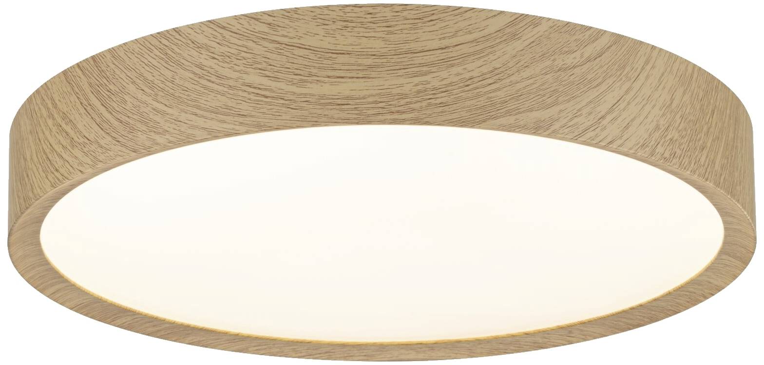 Runde Deckenleuchte aus Holz mit warmweißem Licht. Ideal für moderne Wohnräume und sorgt für eine gemütliche Atmosphäre.