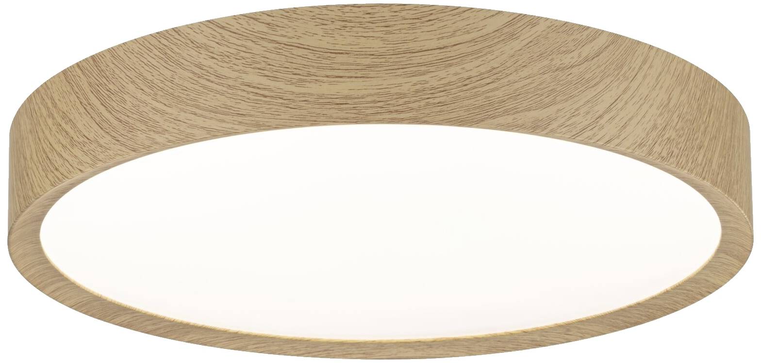 Deckenleuchte mit rundem Holzrahmen und weißem Leuchtpaneel, modernes Design.