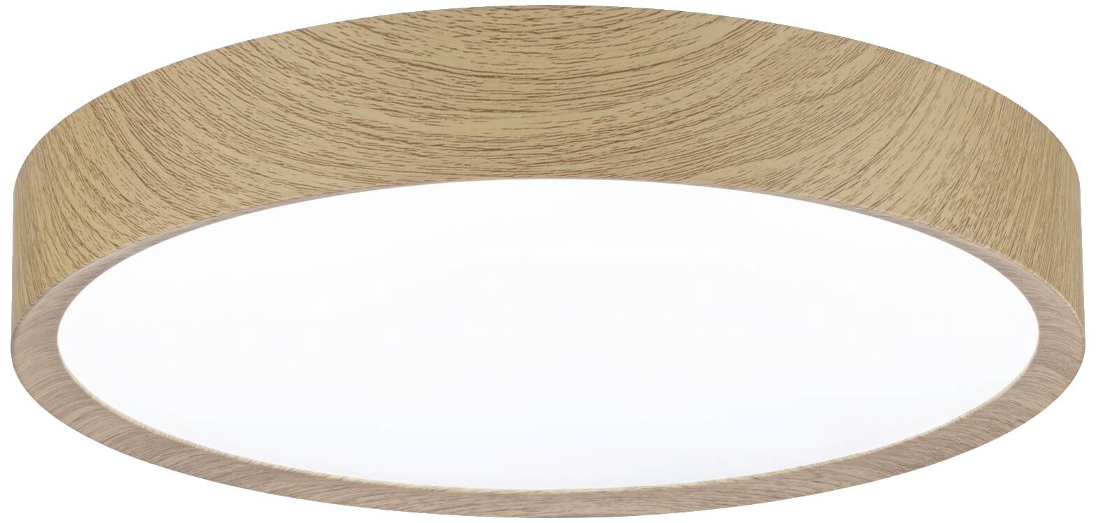 Runde Deckenleuchte aus Holz mit weißem Diffusor. Minimalistisches Design, geeignet für Wohnzimmer oder Büro.