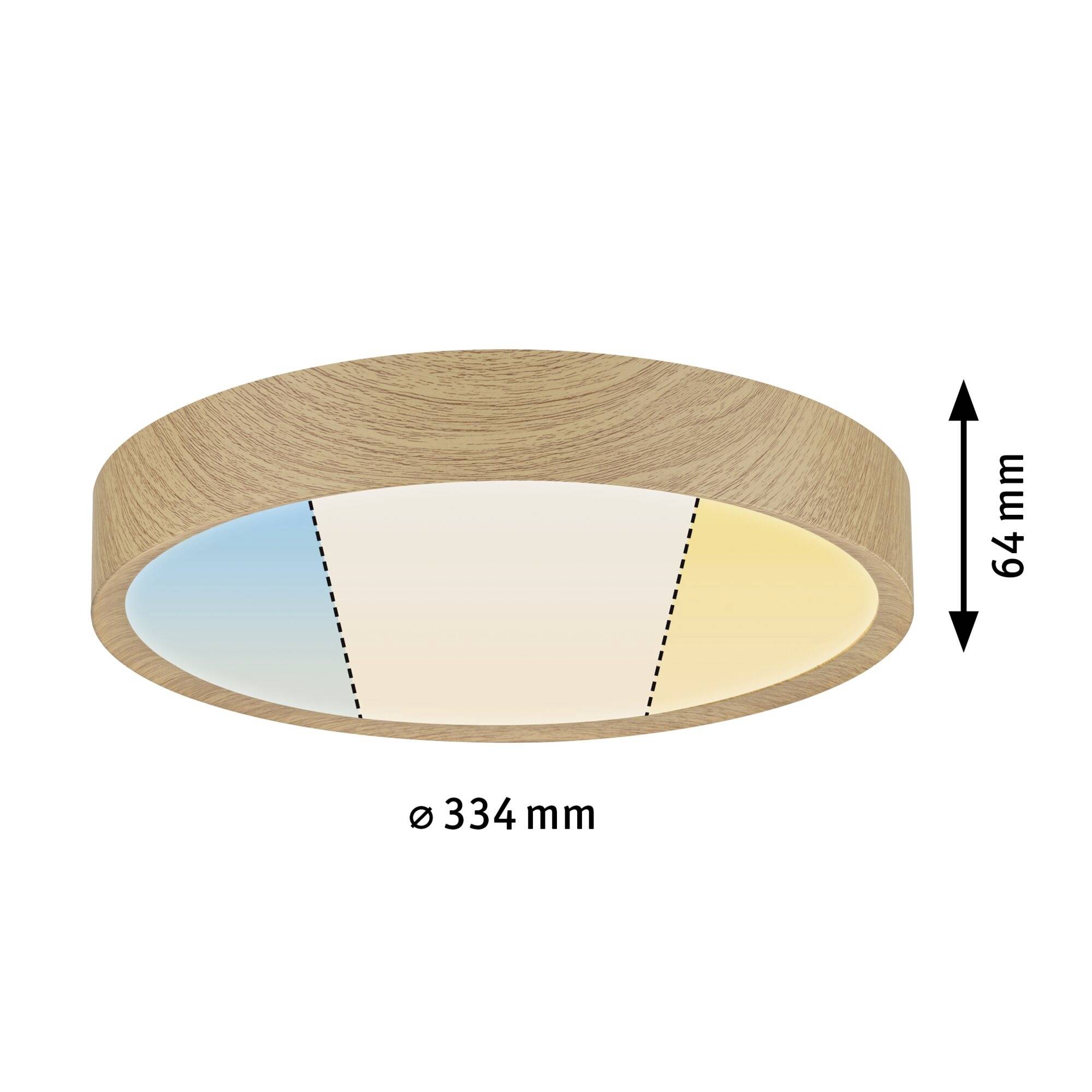 Runde Deckenleuchte aus Holz mit zwei Lichtfarben, blau und orange, Durchmesser 334 mm, Höhe 64 mm.