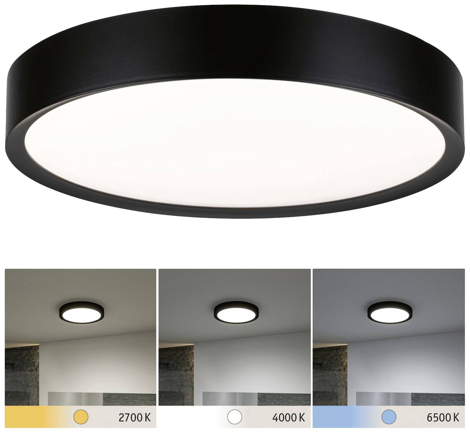 Rund-Deckenleuchte mit wechselbarer Lichtfarbe: warmweiß (2700K), neutralweiß (4000K), kaltweiß (6500K).
