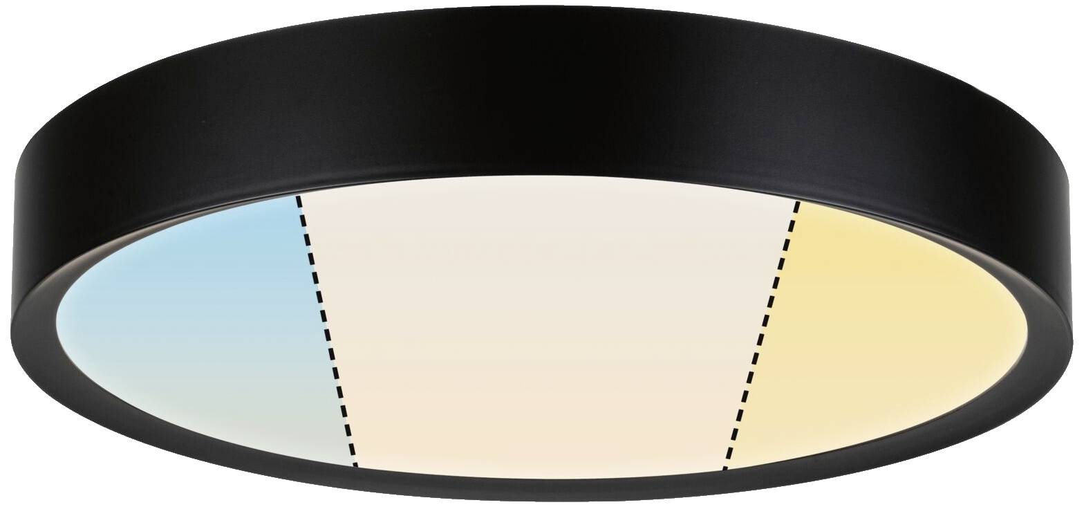 Eine runde Deckenleuchte mit schwarzem Rahmen. Die Leuchte hat drei Farbsegmente: blau, weiß und gelb, die von links nach rechts verlaufen.