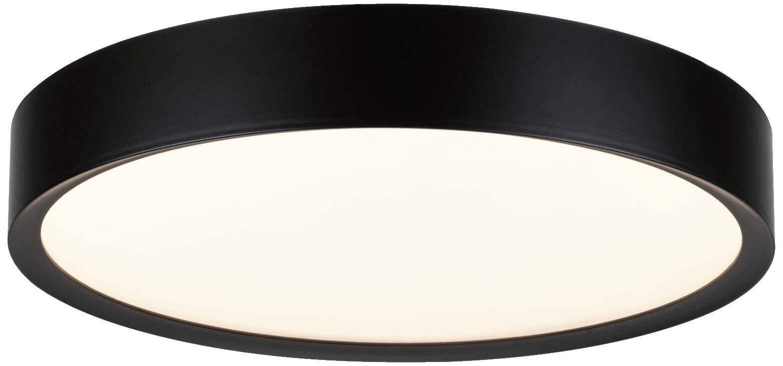 Schwarze runde Deckenleuchte mit weißem Diffusor, der gleichmäßiges Licht abgibt.