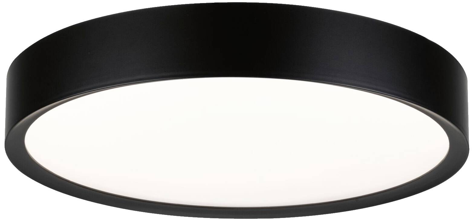 Eine runde, schwarze Deckenleuchte mit weißer Lichtfläche leuchtet gleichmäßig, geeignet für moderne Innenräume.