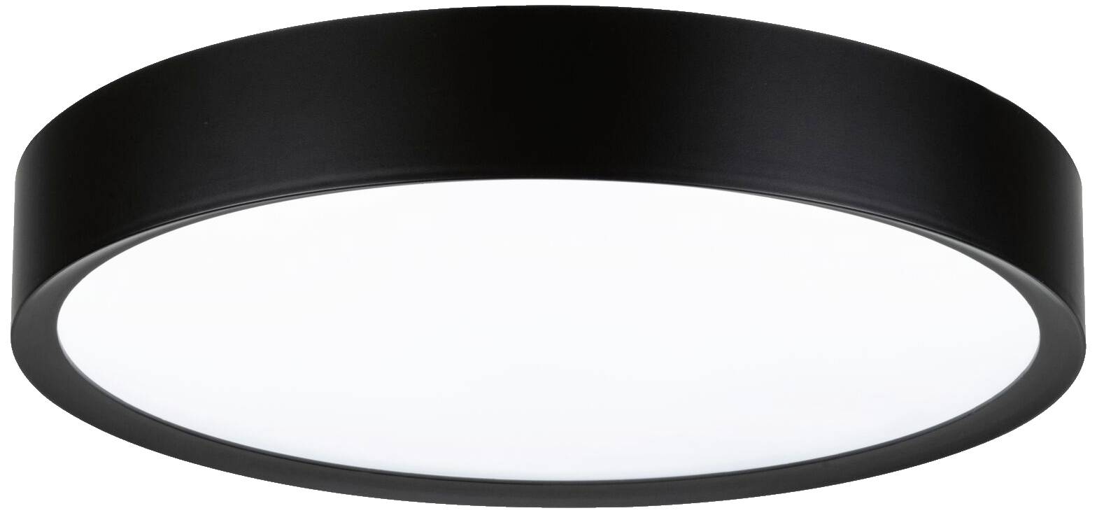 Eine runde, schwarze Deckenleuchte mit schlichtem Design und weißer Beleuchtungsfläche, geeignet für moderne Innenräume.
