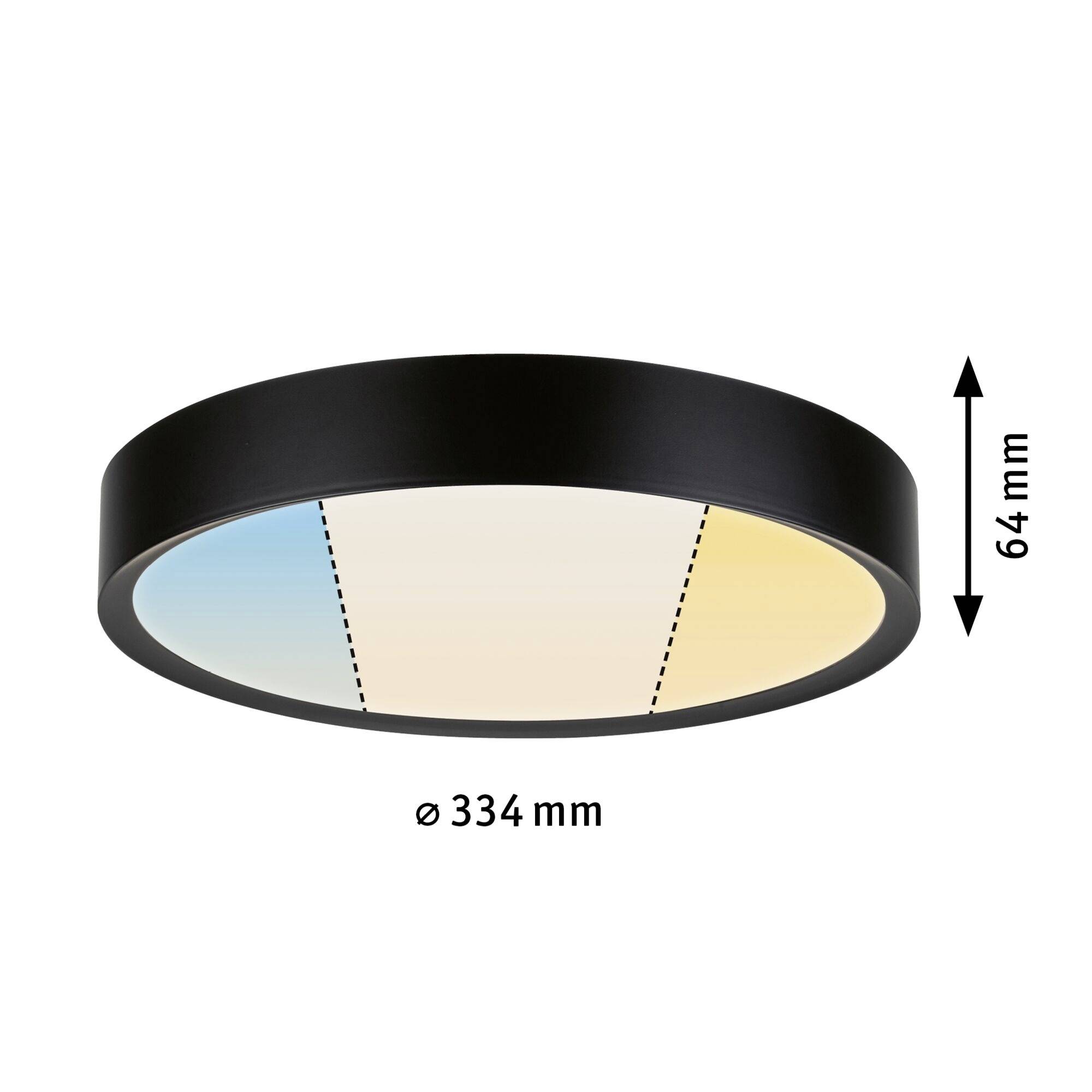 Schwarze LED-Deckenleuchte, rund, Durchmesser 334 mm, Höhe 64 mm, zeigt warm- und kaltweißes Licht.