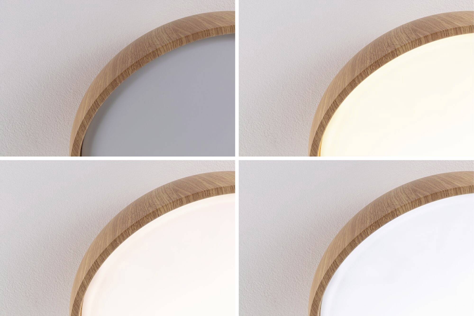 Vier Aufnahmen einer runden Deckenleuchte mit Holzrahmen, die unterschiedliche Lichtintensitäten und Farbtemperaturen zeigt.