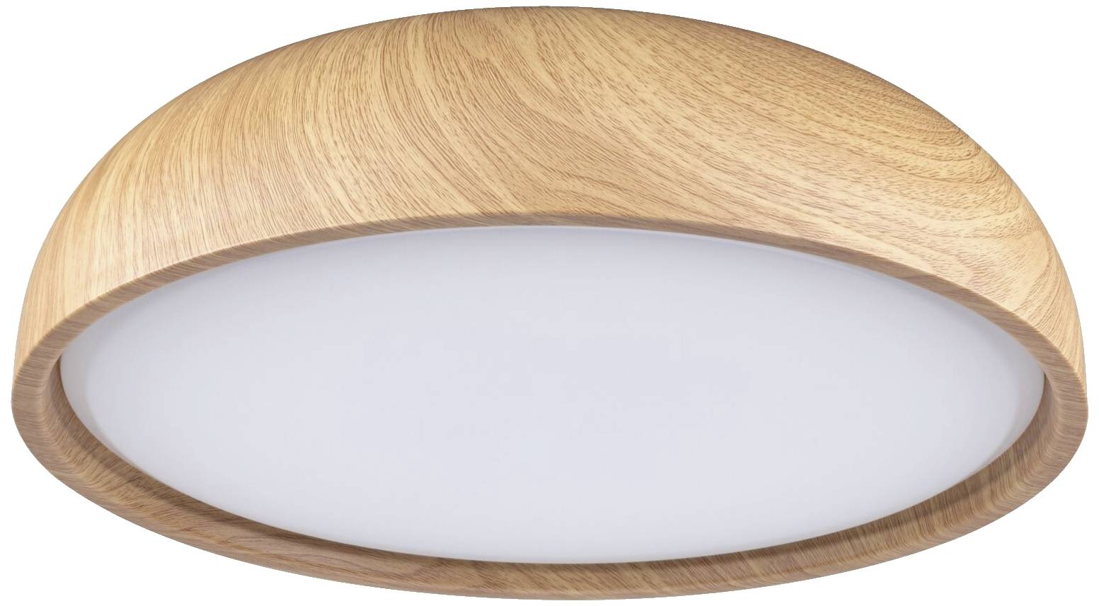 Runde Deckenleuchte mit Holzoptik und weißem Diffusor, geeignet für moderne Wohnräume.