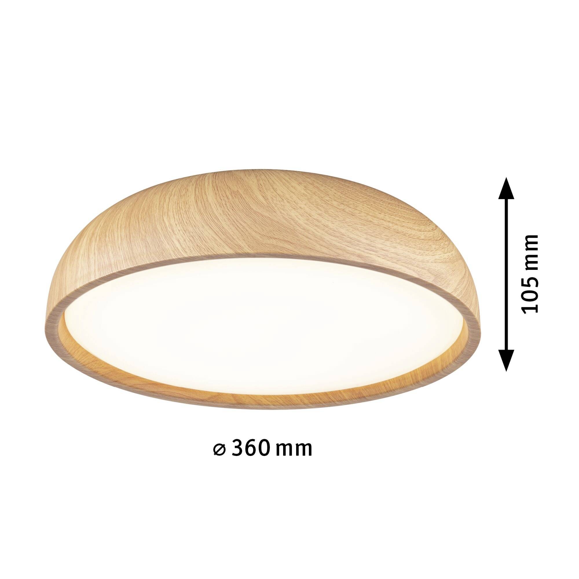 Deckenleuchte mit Holzeffekt, rund, Durchmesser 360 mm, Höhe 105 mm.