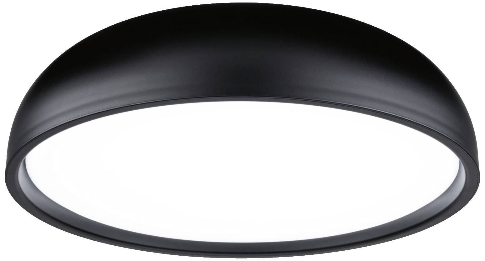 Eine runde, schwarze Deckenleuchte mit weißem Diffusor in der Mitte, die gleichmäßig leuchtet.