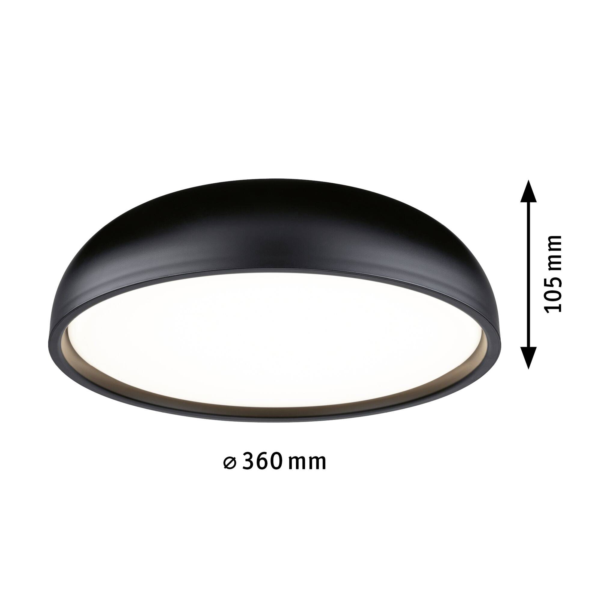 Schwarze runde Deckenleuchte mit 360 mm Durchmesser und 105 mm Höhe; moderne, schlichte Gestaltung.