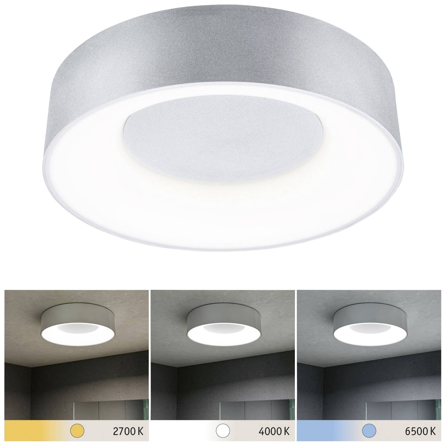 Runde LED-Deckenleuchte in Silber, zeigt drei Farbtemperaturen: warmweiß (2700 K), neutralweiß (4000 K), kaltweiß (6500 K).