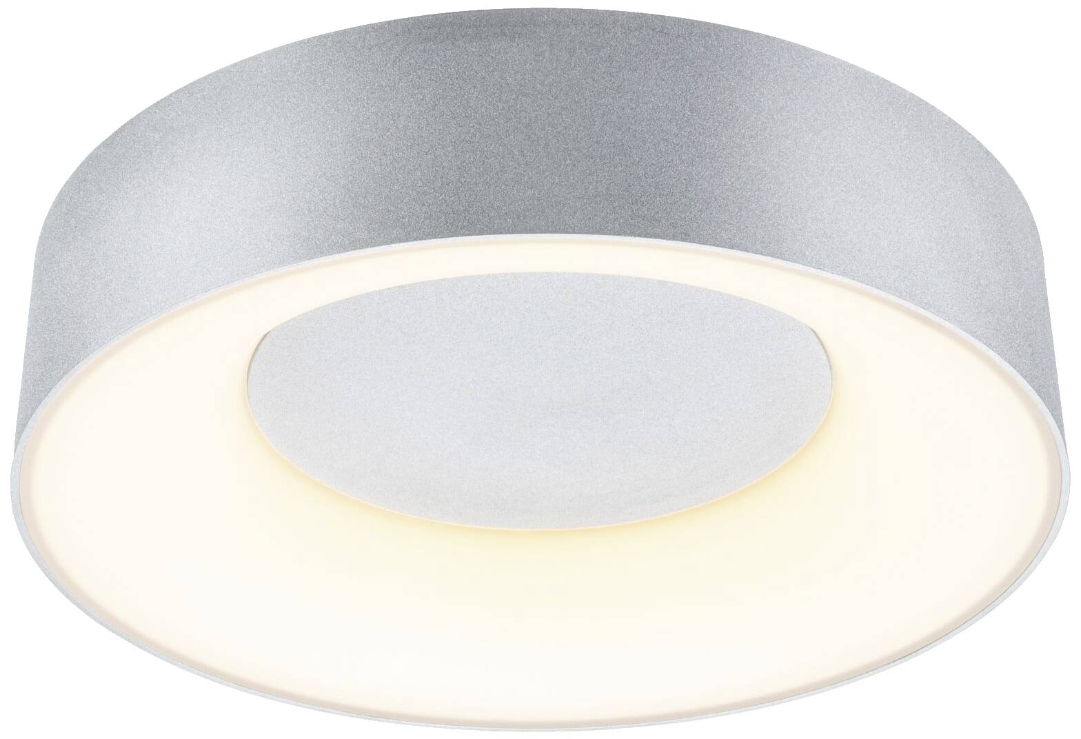 Runde Deckenleuchte mit grauem Rahmen und warmweißer Beleuchtung in der Mitte; modernes Design für Innenräume.