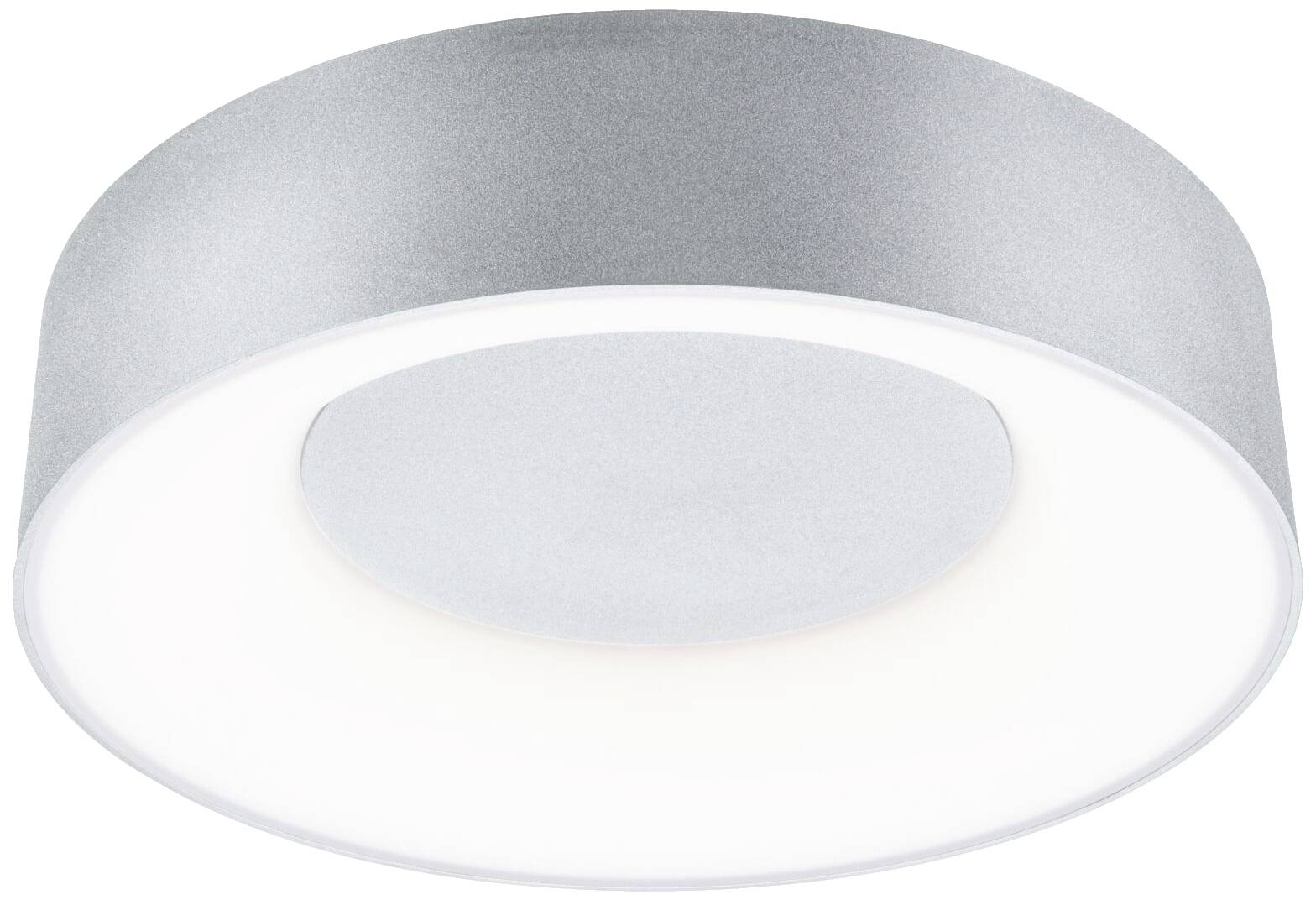 Runde Deckenleuchte mit grauem Rahmen und einem großen, zentralen Lichtdiffusor, der weiches, gleichmäßiges Licht ausstrahlt.