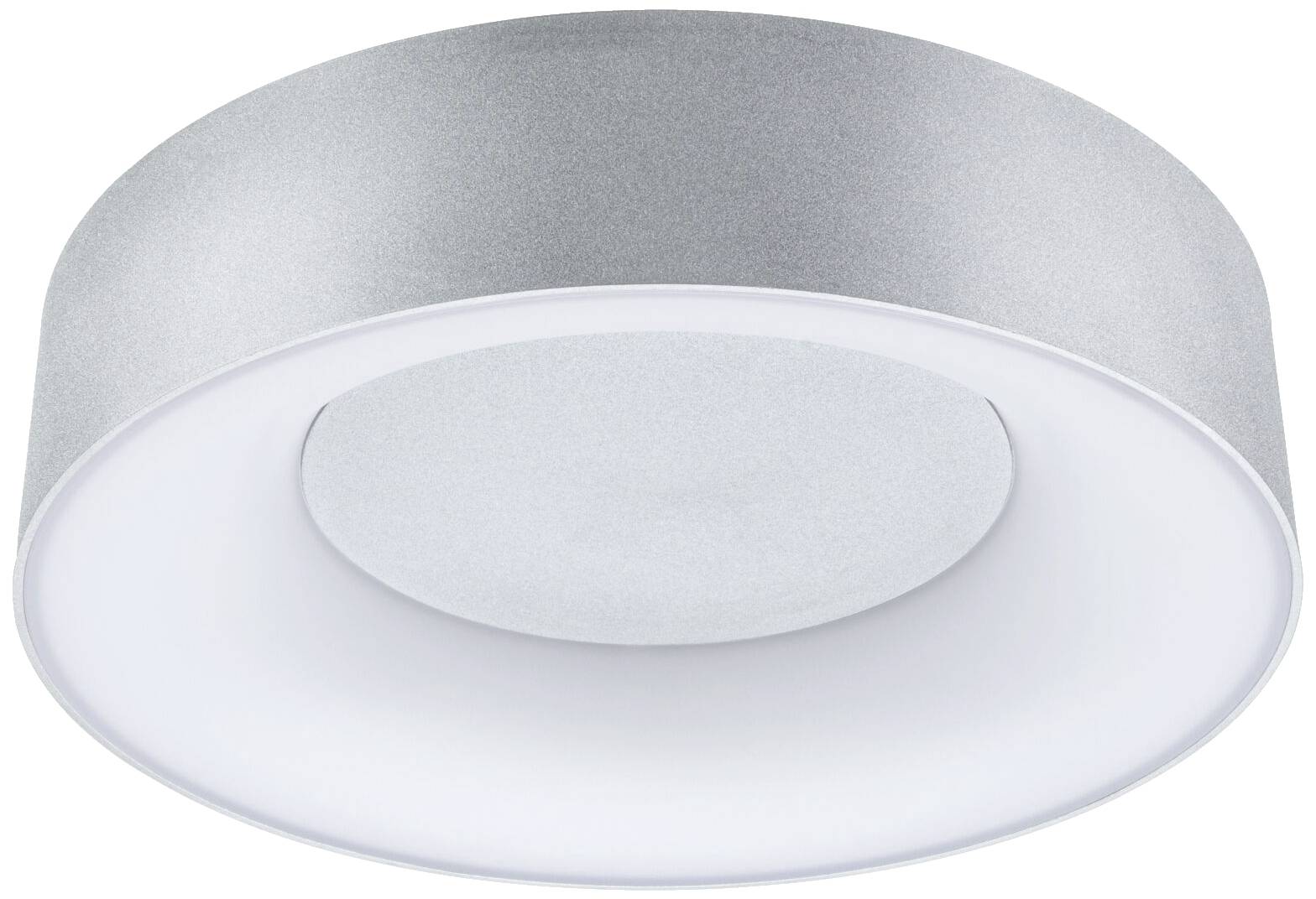 Eine runde, flache Deckenleuchte aus Metall mit einem weichen, gleichmäßigen Lichtschein.