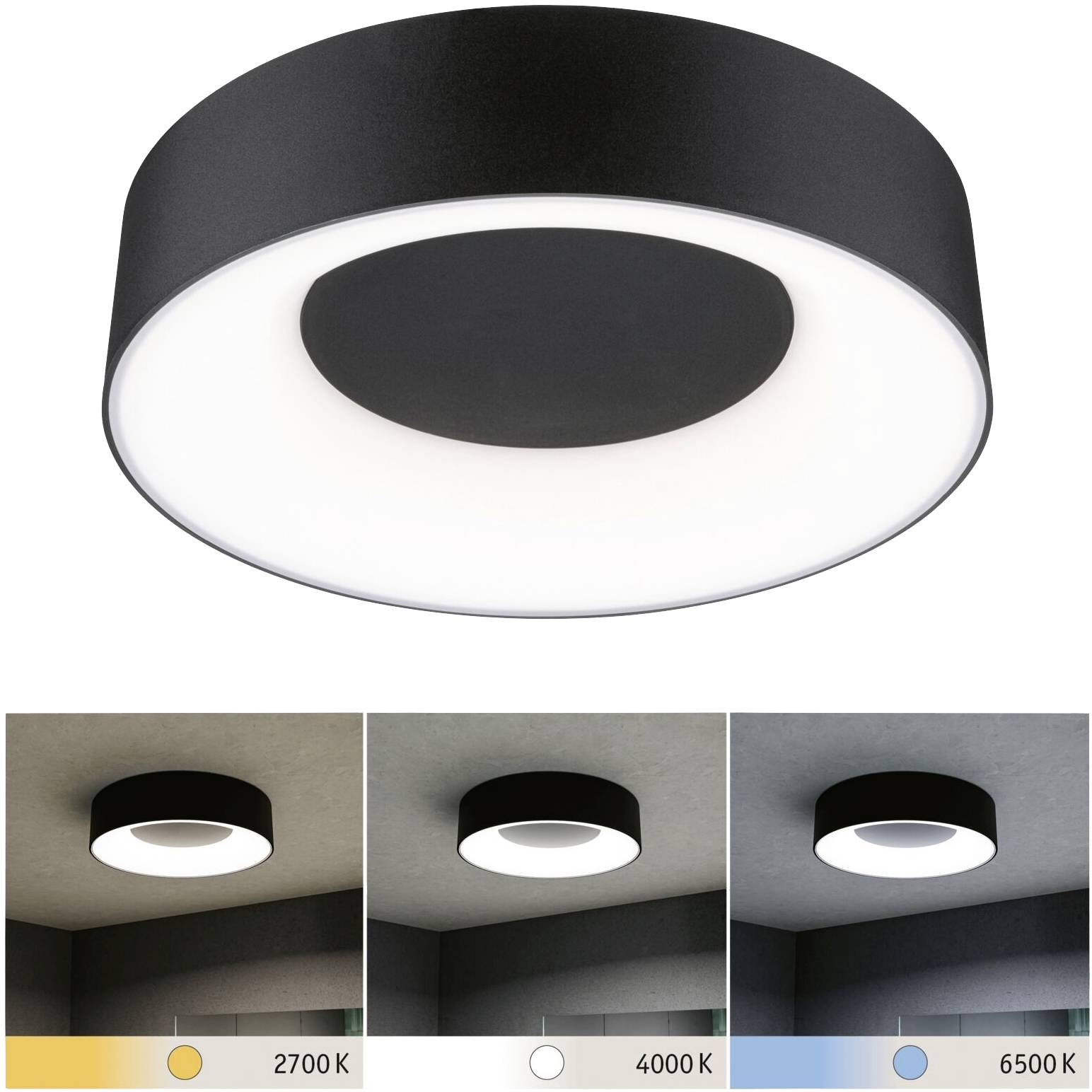 Runde Deckenleuchte mit drei Lichteinstellungen: warmweiß (2700 K), neutralweiß (4000 K), kaltweiß (6500 K).