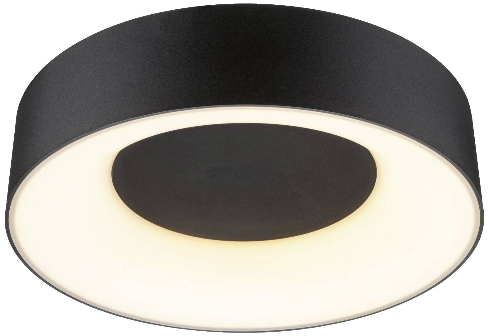 Schwarze runde Deckenleuchte mit integriertem LED-Licht, das einen warmweißen Glanz abgibt. Ideal für modernes Interieur.