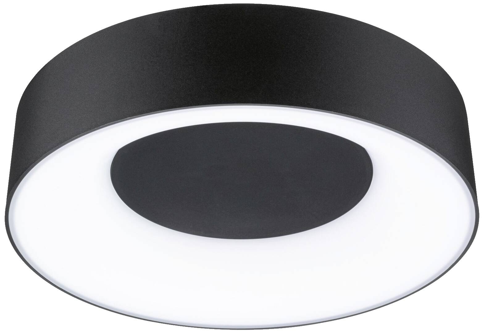 Eine runde, moderne, schwarze Deckenleuchte mit weißem Lichtaustritt im Zentrum, geeignet für Wohn- oder Büroräume.