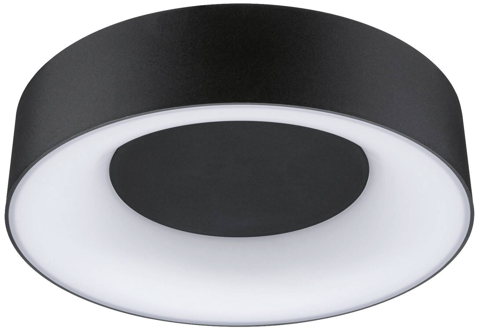 Schwarze runde Deckenleuchte mit weiß leuchtender Mitte, modernes Design, ideal für zeitgenössische Innenräume.