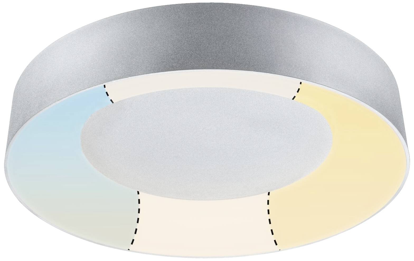 Runde Deckenleuchte mit segmentierter Farbgebung in Blau, Weiß und Beige. Ideal für moderne Wohnräume zur stimmungsvollen Beleuchtung.