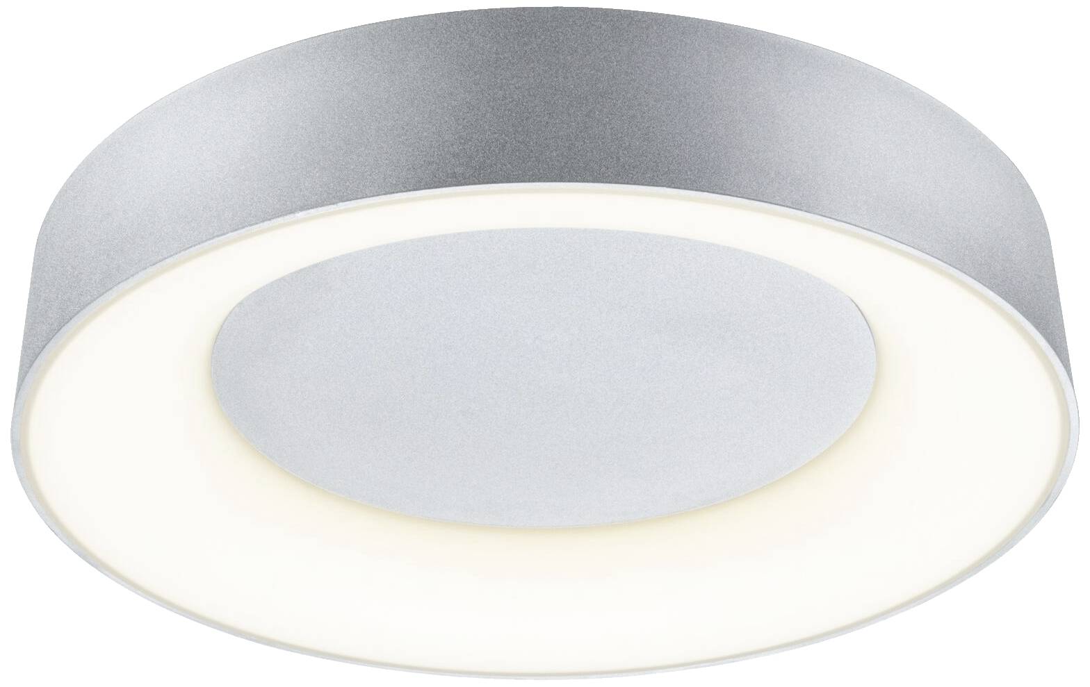 Runde Deckenleuchte mit silbernem Rahmen und weißem Lichtdiffusor, sorgt für gleichmäßige Raumbeleuchtung.