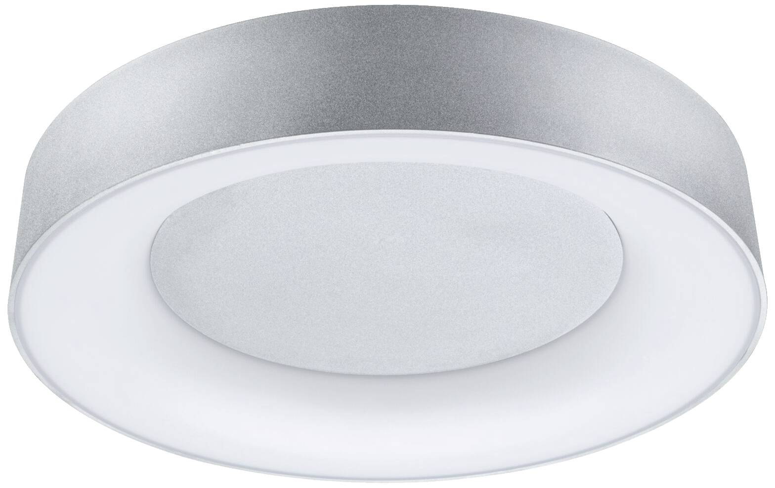 Runde, moderne LED-Deckenleuchte mit silbernem Gehäuse und weißem Diffusor, geeignet für gleichmäßige Raumausleuchtung.