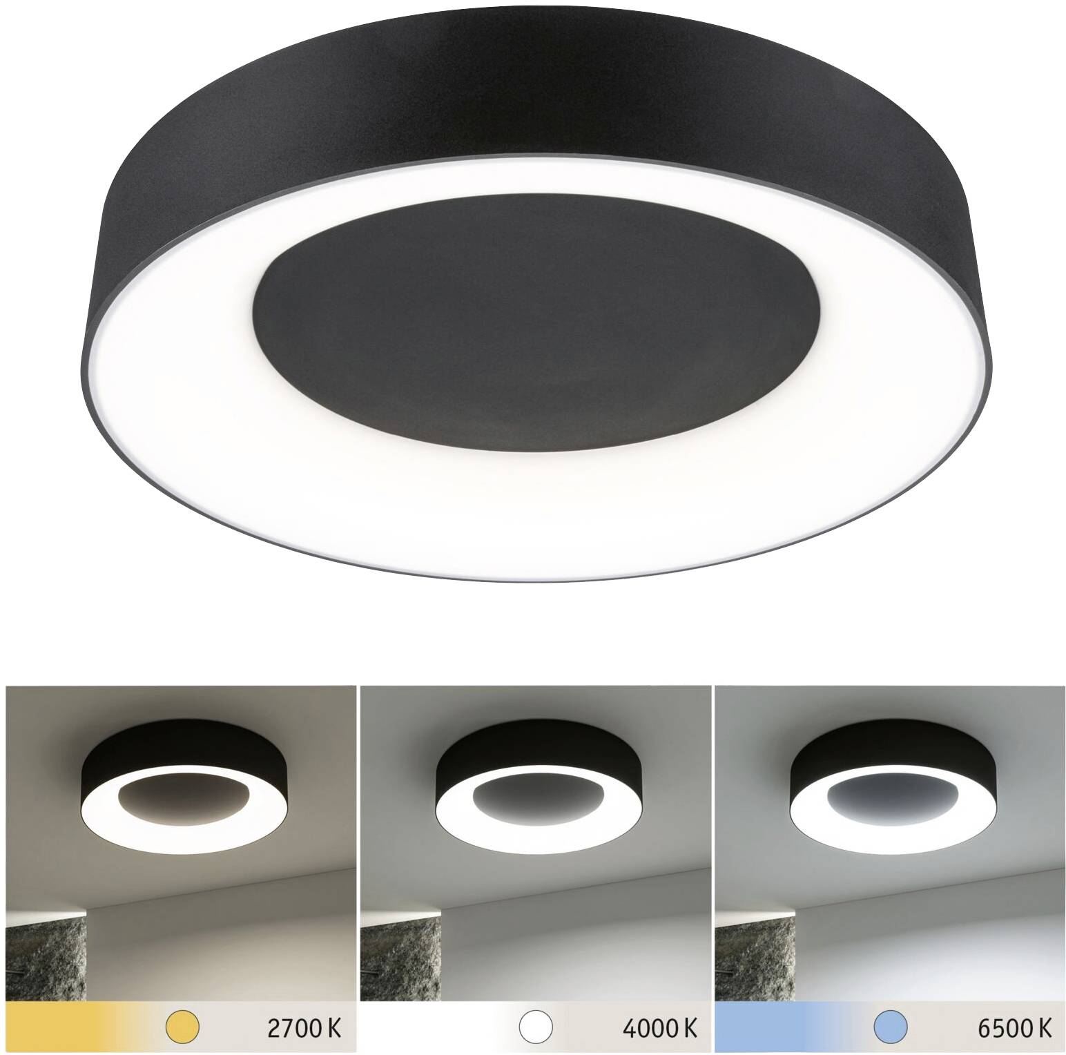Runde LED-Deckenleuchte, Farbe einstellbar: warmweiß (2700K), neutralweiß (4000K), kaltweiß (6500K). Zeigt unterschiedliche Beleuchtungsstimmungen.