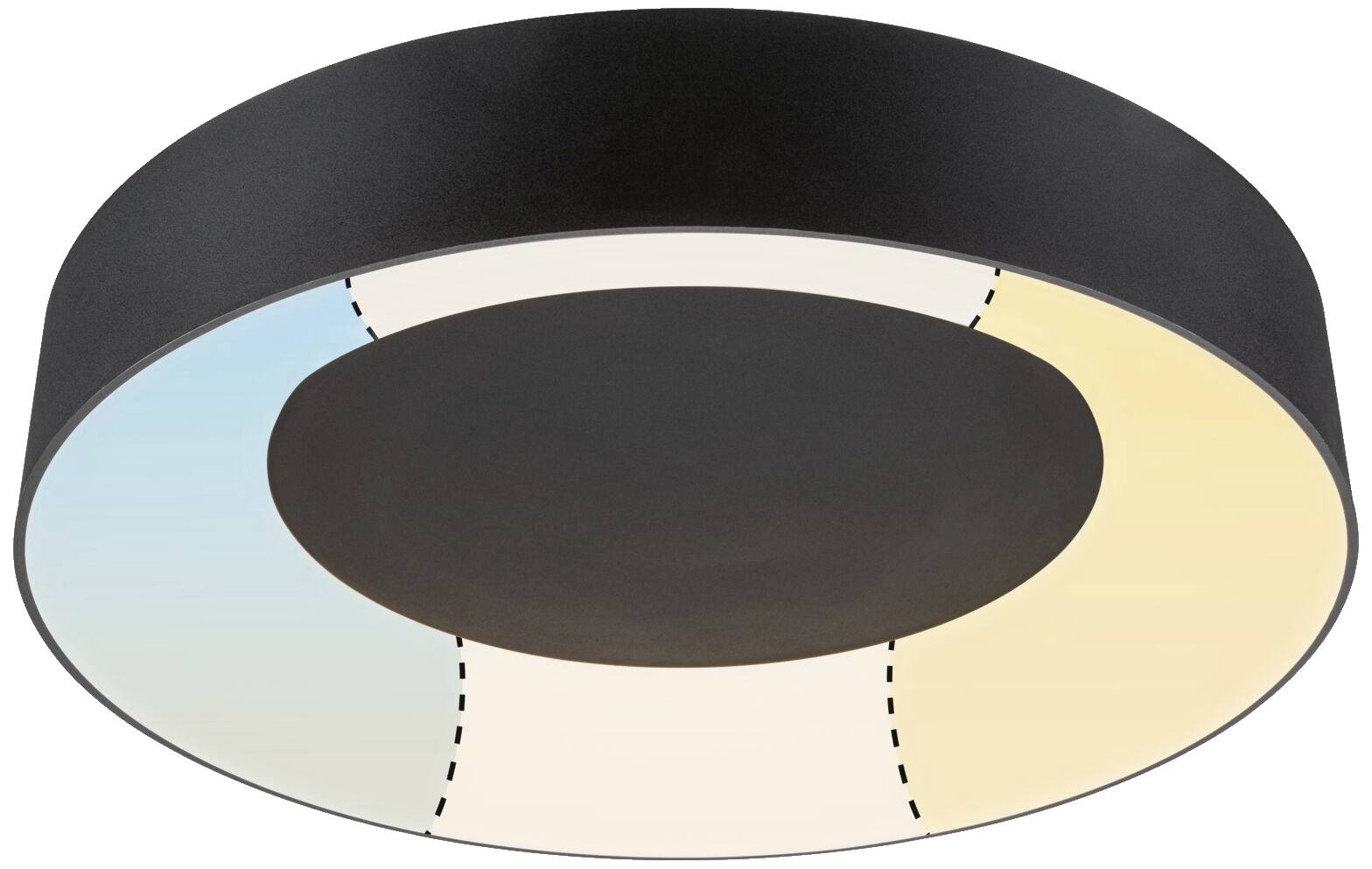 Runde Deckenleuchte mit segmentiertem Farbverlauf von Blau zu Gelb über Weiß; schwarze Umrandung; modernes Design.