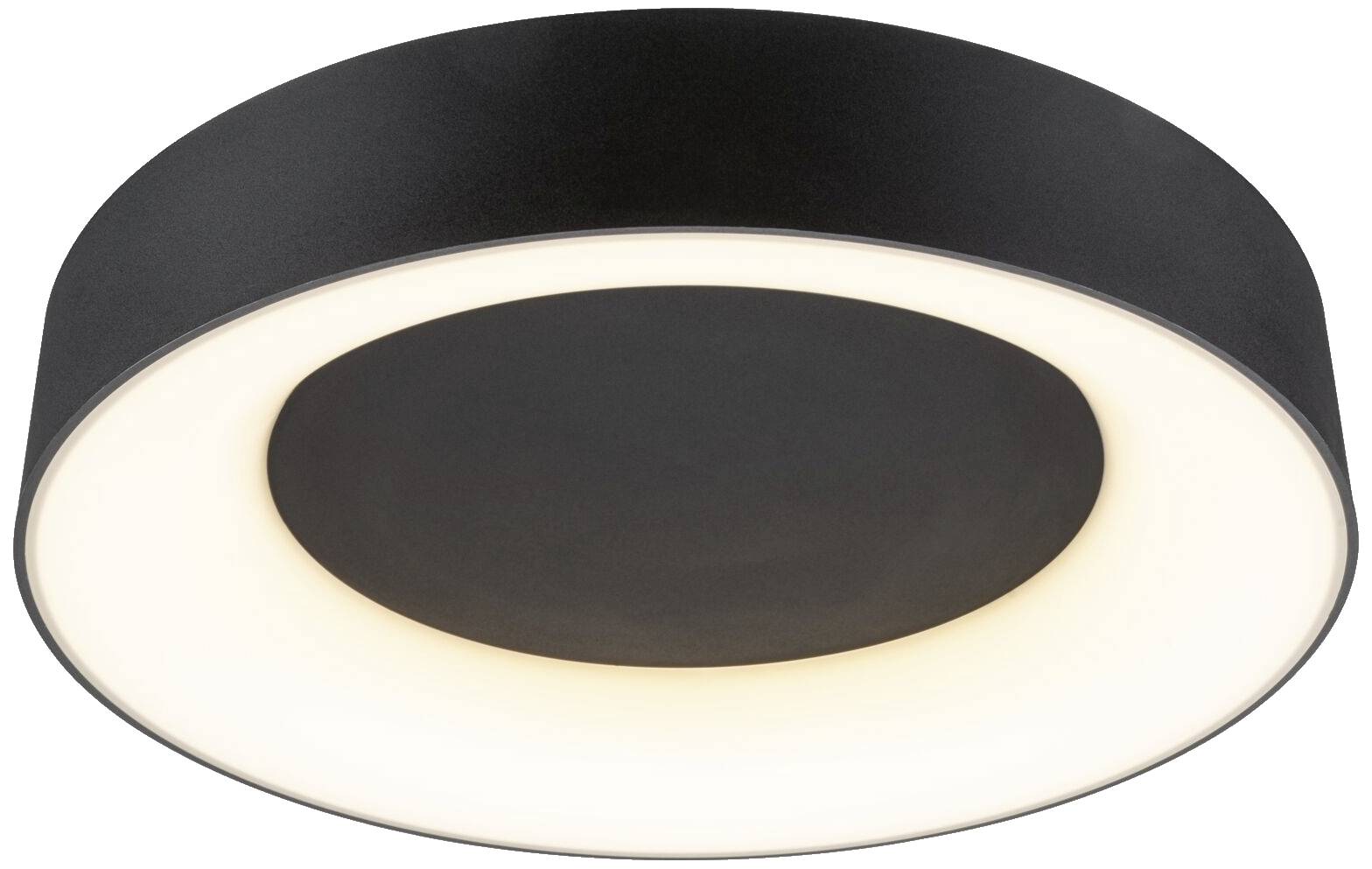 Runde, moderne Deckenleuchte mit schwarzem Rand und hell erleuchtetem Zentrum. Ideal für zeitgenössische Inneneinrichtungen.