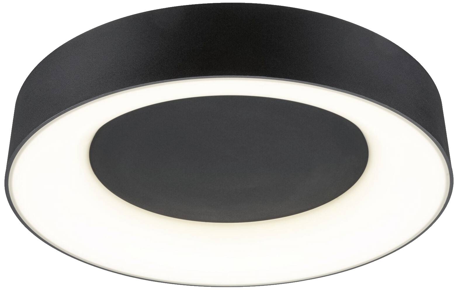 Eine runde, schwarze Deckenleuchte mit einem leuchtenden, weißen Rand in der Mitte. Sie hat ein modernes, minimalistisches Design.