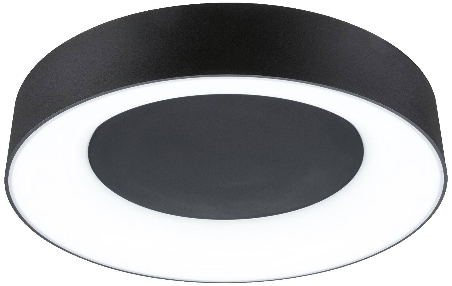 Schwarze, runde Deckenleuchte mit zentralem weißen LED-Ring, geeignet für moderne Innenräume. Minimalistisches Design.