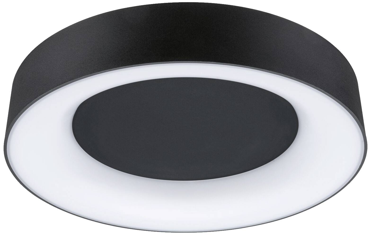 Schwarze, runde Deckenleuchte mit weißer LED-Lichtquelle in der Mitte. Modernes Design, geeignet zur Raumbeleuchtung.