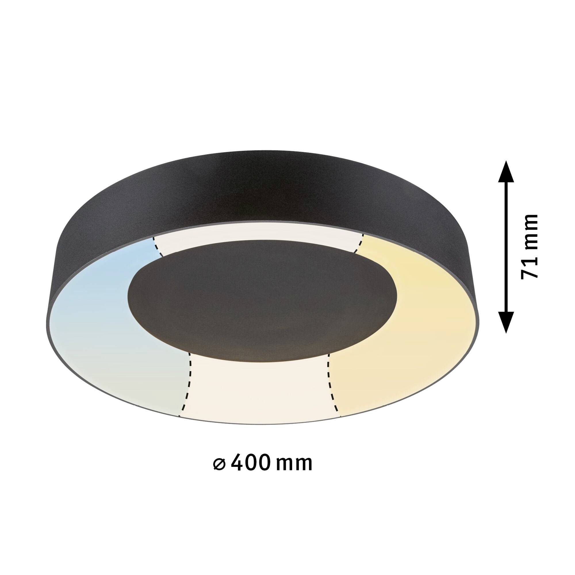 Deckenleuchte mit schwarzem Rahmen, LED-Licht in variablem Weißton. Maße: Durchmesser 400 mm, Höhe 71 mm.