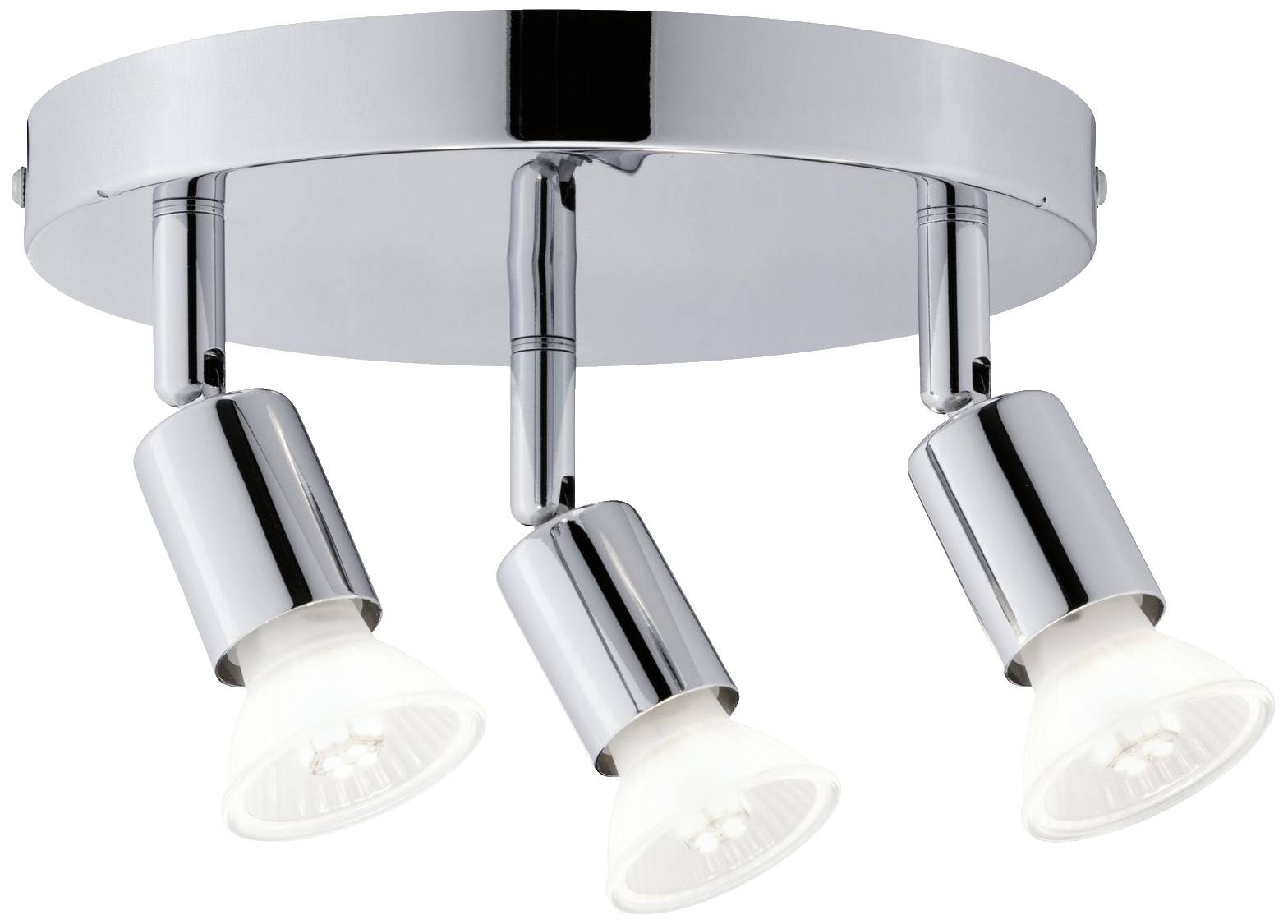 Drei verstellbare Deckenspots in silberner Halterung, mit modernen, glänzenden Fassungen, beleuchten den Raum gleichmäßig.