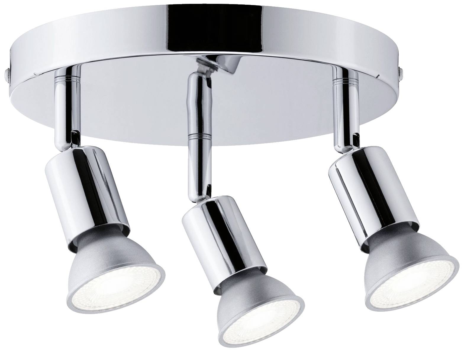 Chromfarbene Deckenleuchte mit drei verstellbaren LED-Spots, montiert auf einer runden Basis. Perfekt für gerichtete Beleuchtung.
