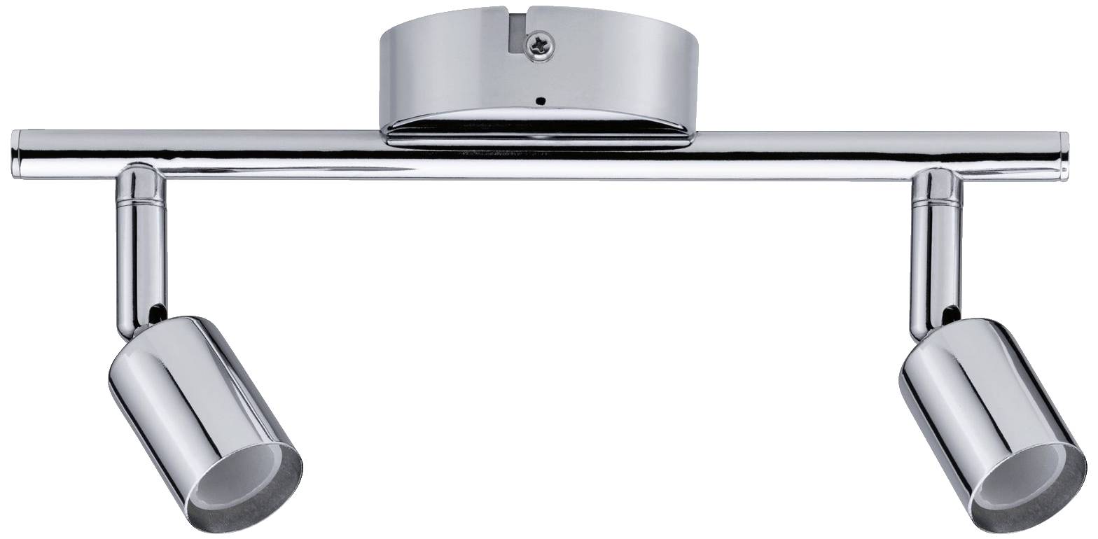 Chromfarbener Deckenstrahler mit zwei verstellbaren Lichtspots an einer horizontalen Stange, montiert an einem runden Sockel.