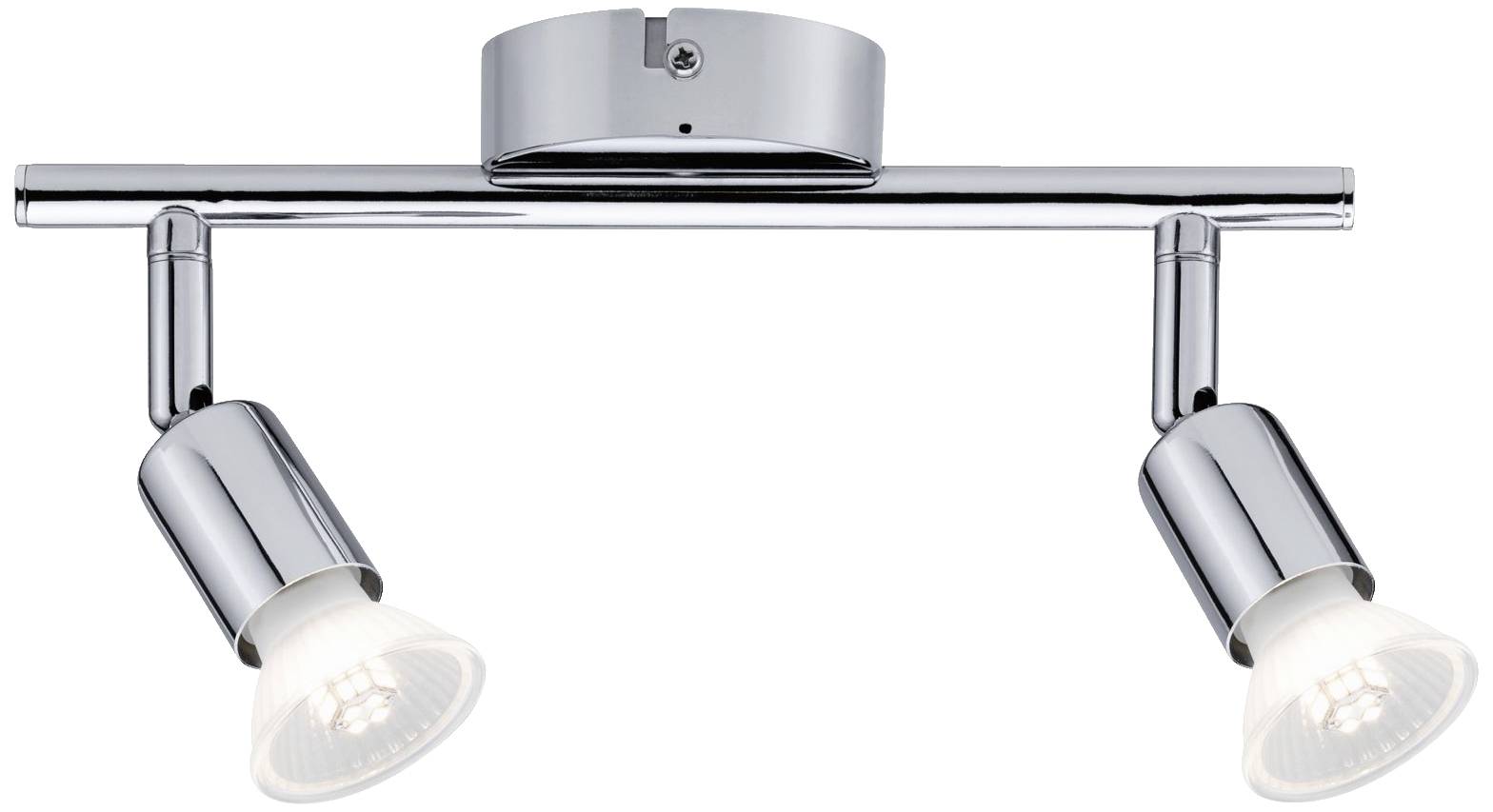 Zweiflammige, moderne Deckenleuchte in silbernem Metall mit verstellbaren Lampenköpfen für gezielte Beleuchtung.