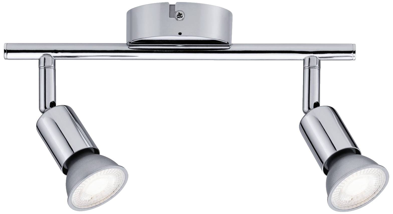 Zweiflammige, verchromte Deckenleuchte mit verstellbaren Spots für gezielte Beleuchtung. Ideal für moderne Wohnräume.