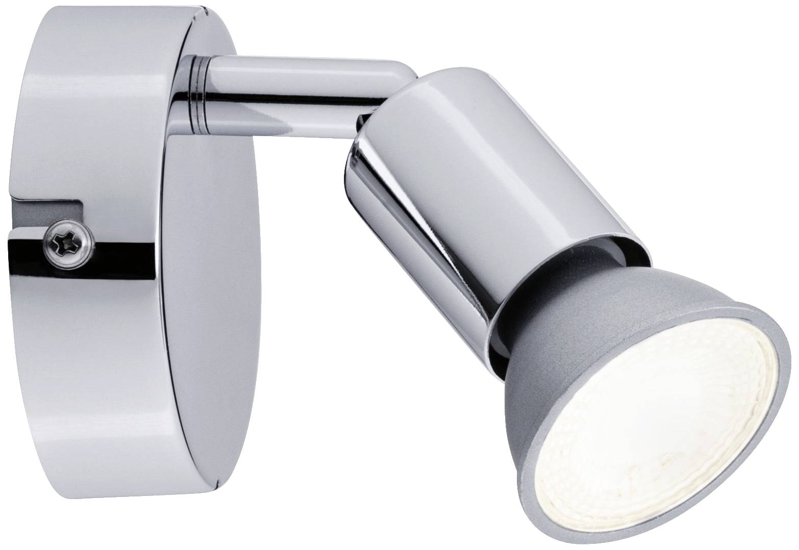 Chromfarbener, wandmontierter Strahler mit einer verstellbaren, zylindrischen Lichtquelle.