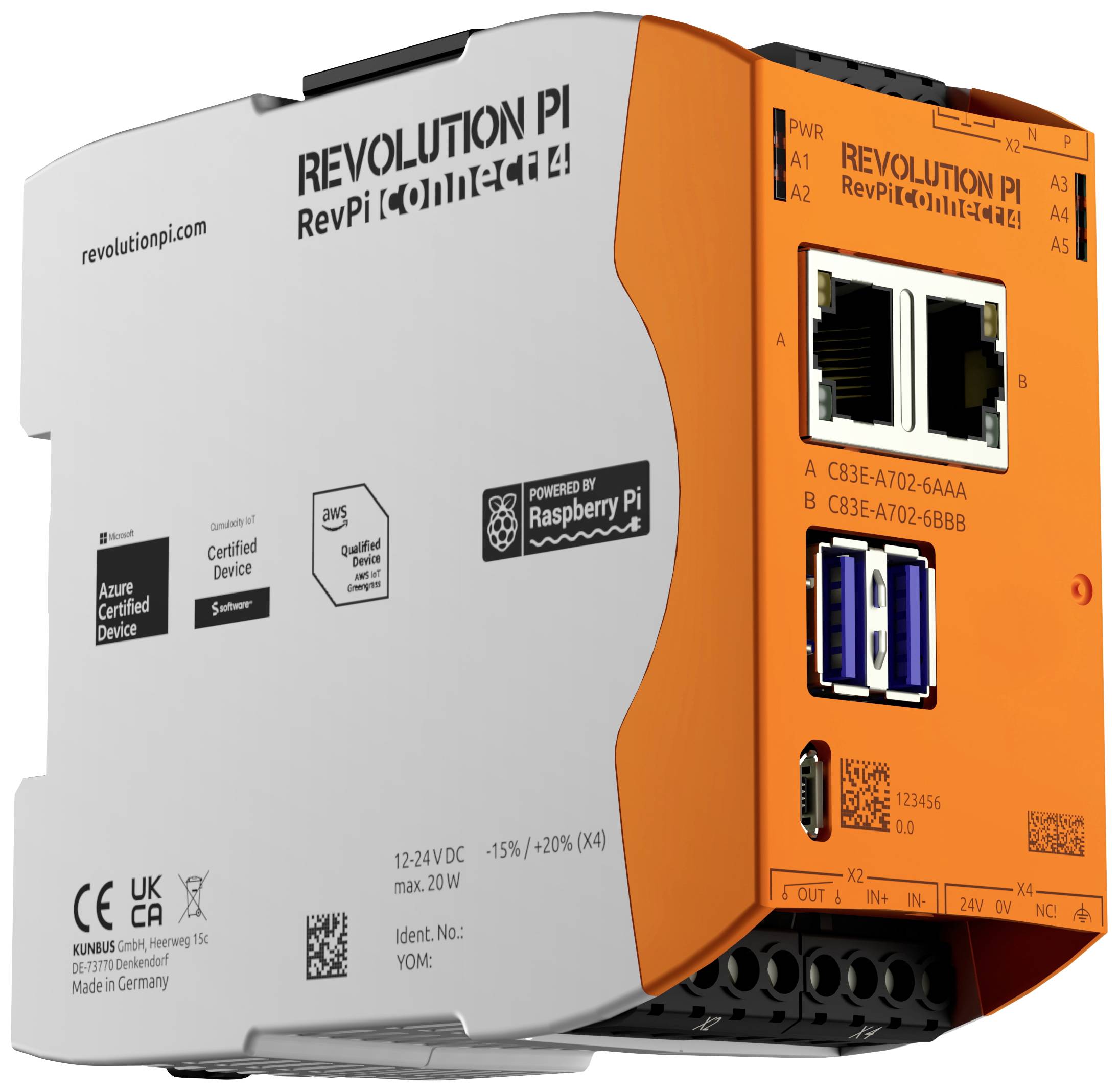 Ein Gerät in grauer und orangener Farbe, gekennzeichnet mit 'Revolution Pi'. Es zeigt Anschlüsse und Zertifizierungslogos.