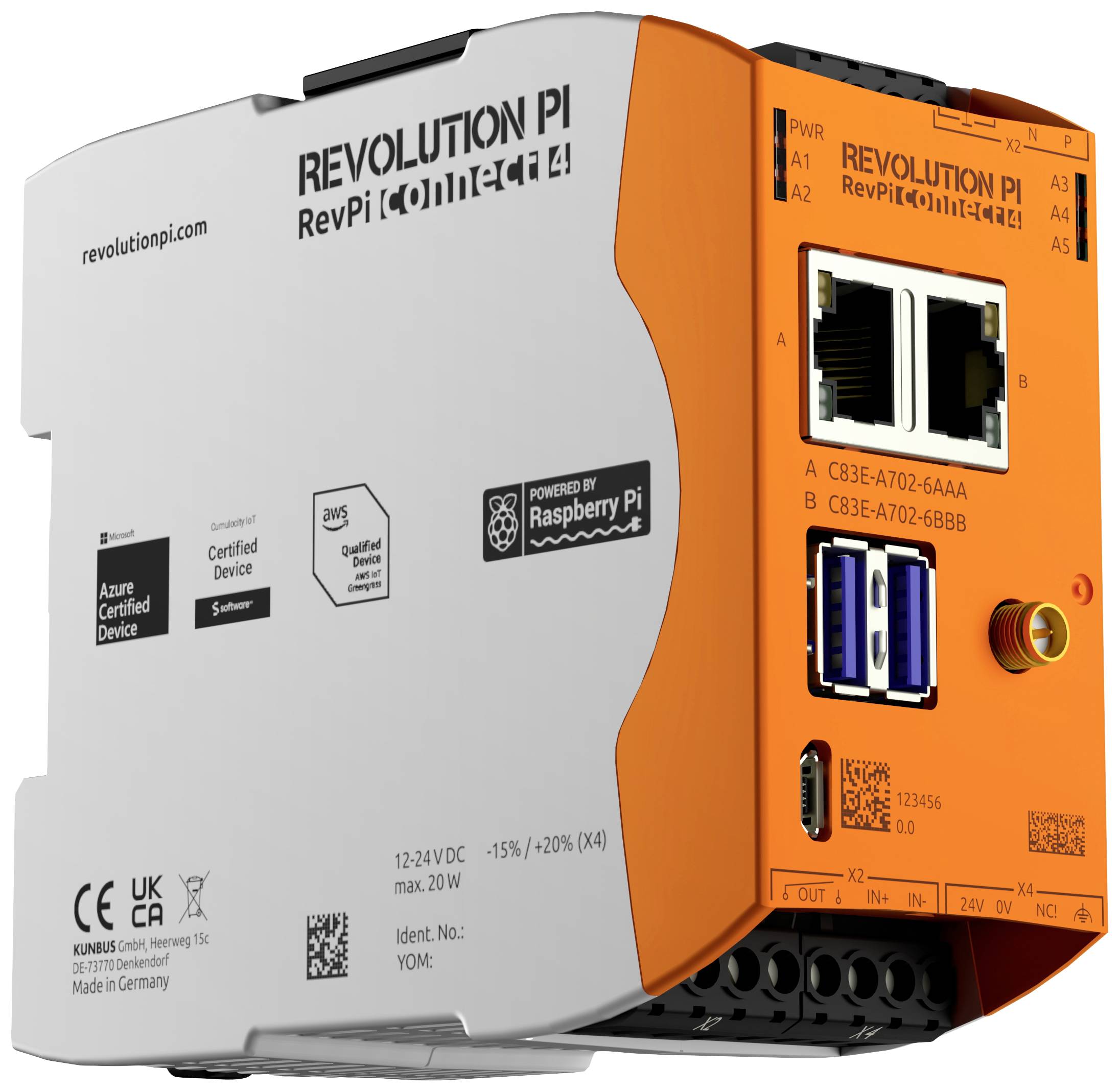 Ein orange-weißes Industrie-Modul namens 'Revolution Pi'. Es zeigt mehrere Anschlüsse und Zertifikate auf der linken und rechten Seite.
