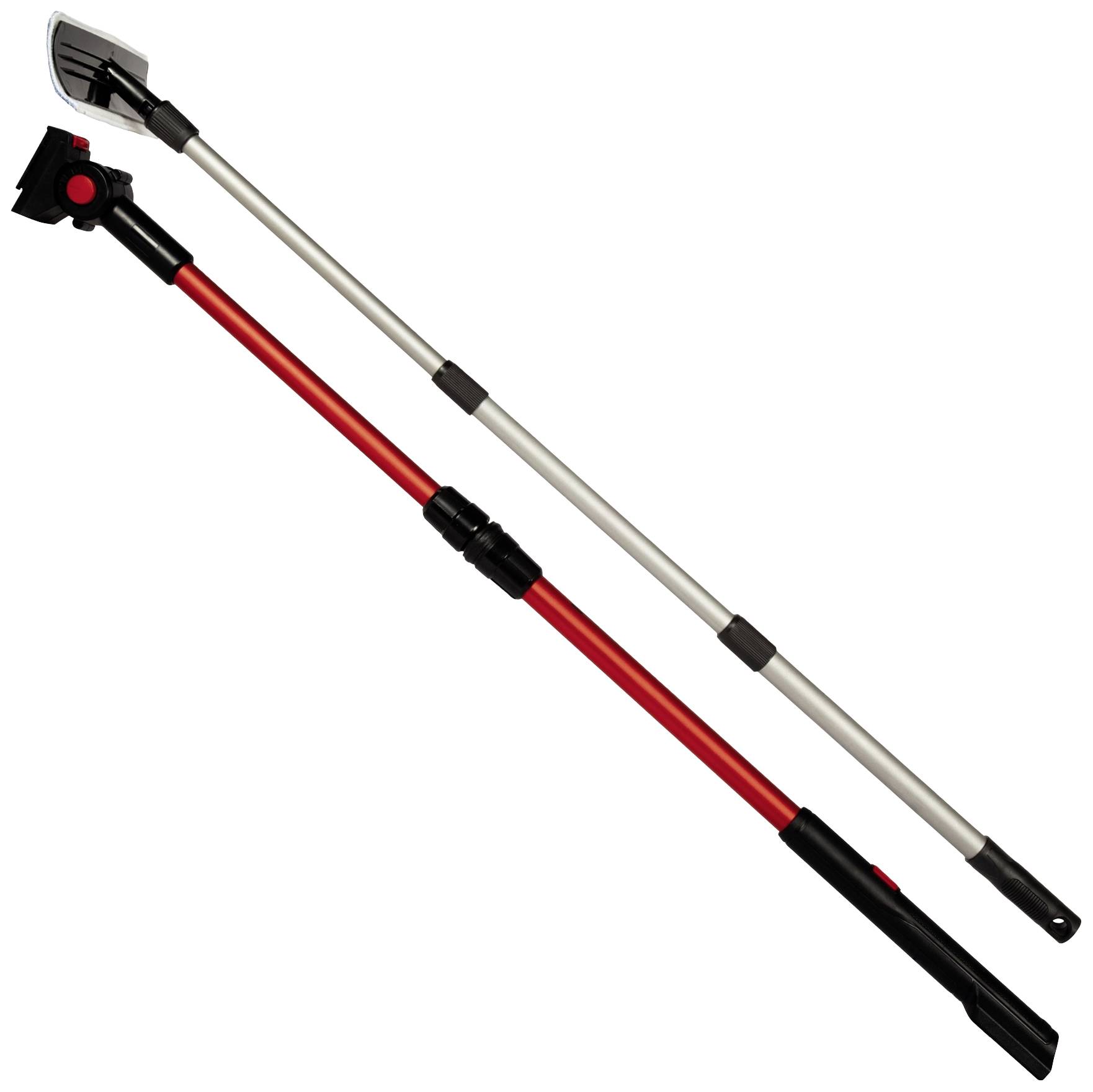 Zwei verstellbare Stöcke, einer mit einer Metallschaufel und der andere mit einem doppelseitigen Bürstenkopf.