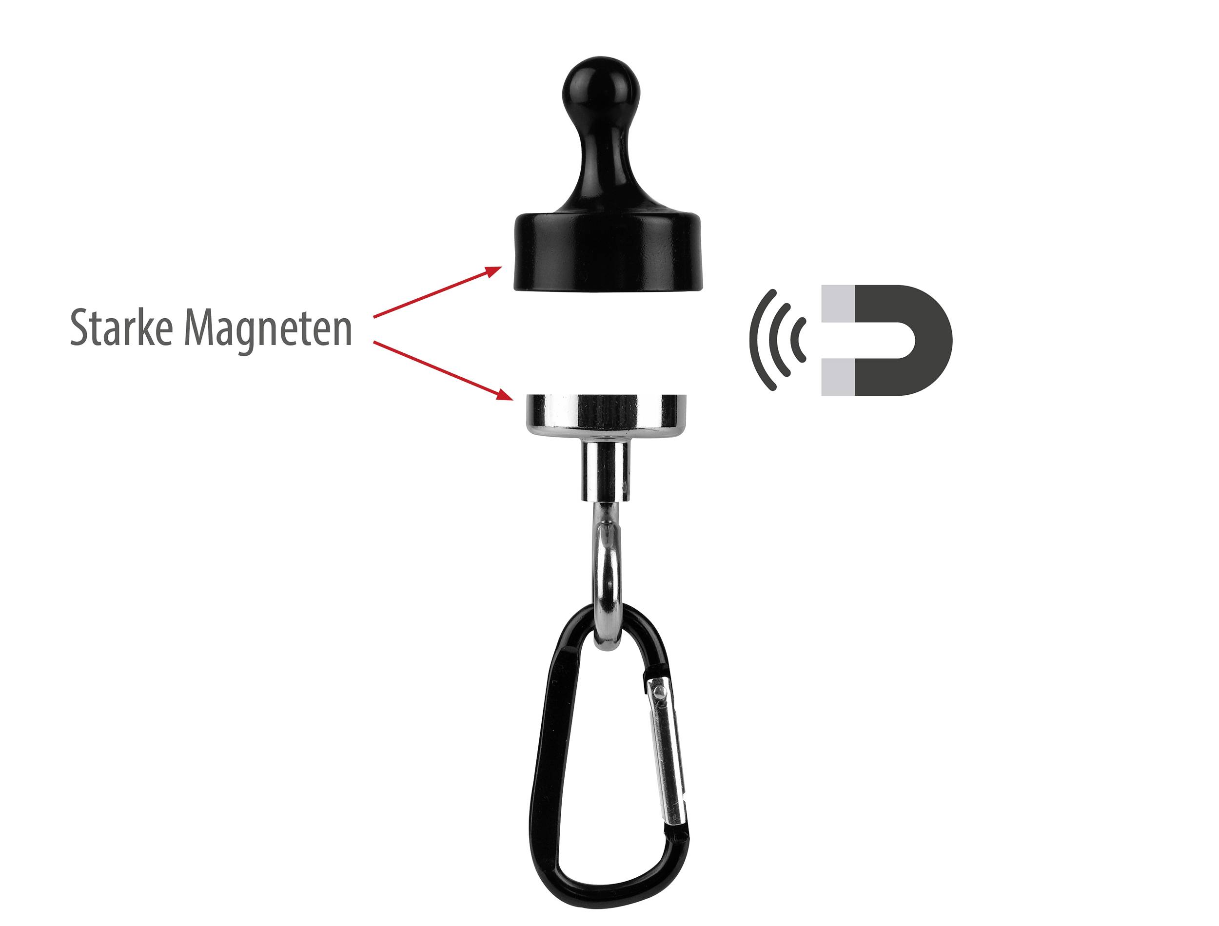 Ein runder, schwarzer Haken mit starkem Magnet und Karabinerhaken zur sicheren Befestigung an metallischen Oberflächen.
