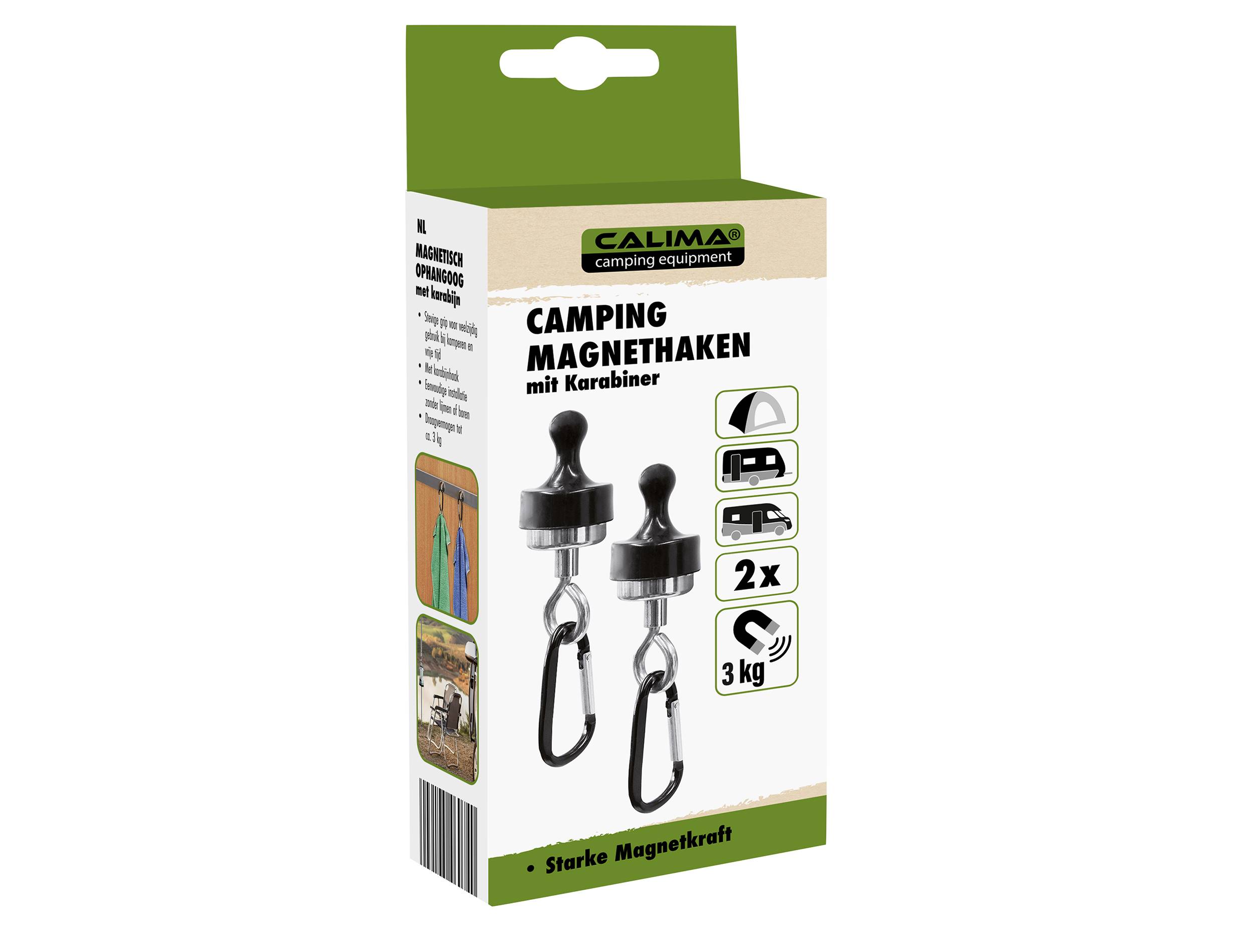 Verpackung von Magnet-Haken mit Karabiner für Camping. Enthält zwei Stück, hält 3 kg. Geeignet für Fahrzeuge und Outdoor-Aktivitäten.