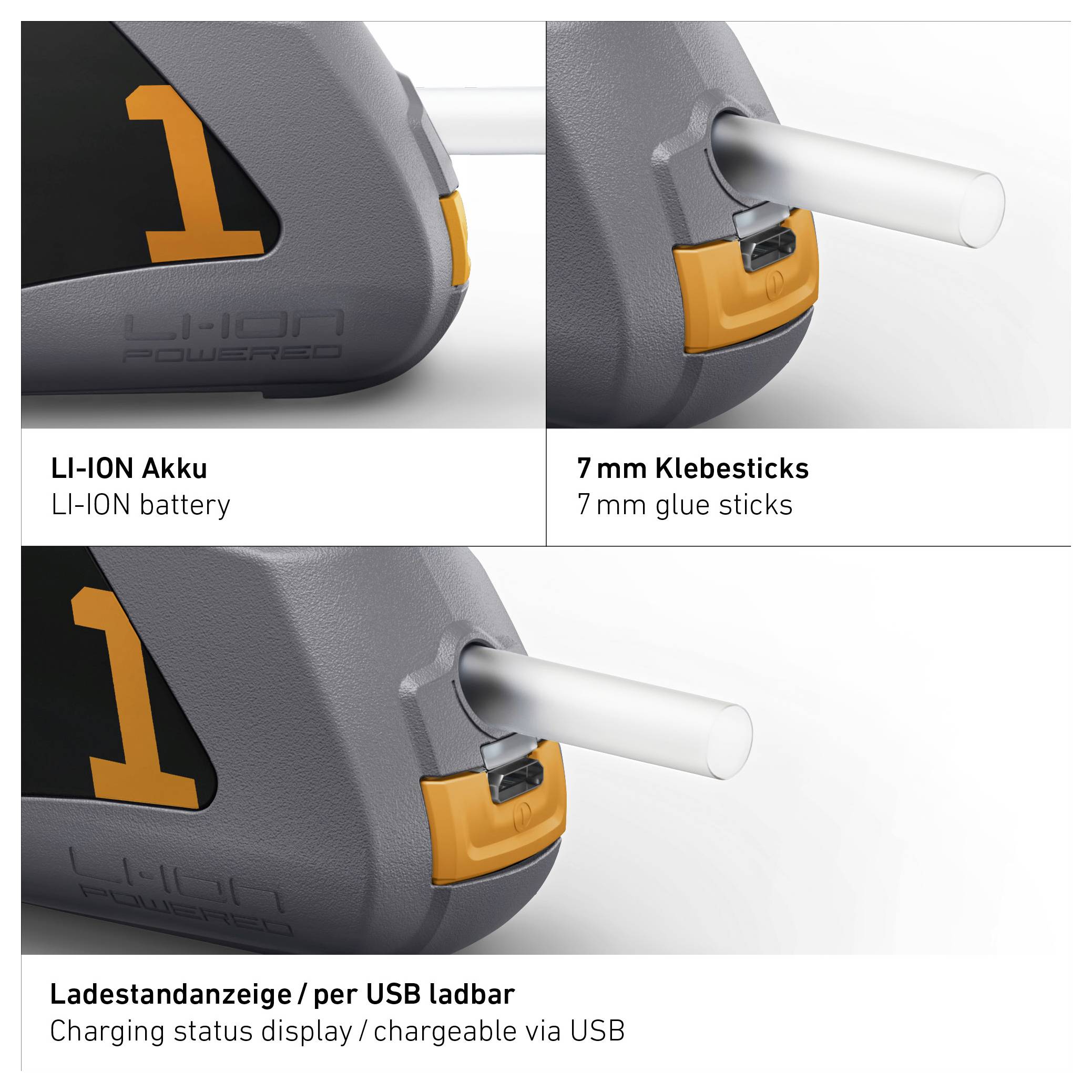 Grafik eines Akkugeräts mit LI-Ion Akku, 7-mm-Klebesticks und per USB ladbar; zeigt Einlegefach und Ladeanzeige.