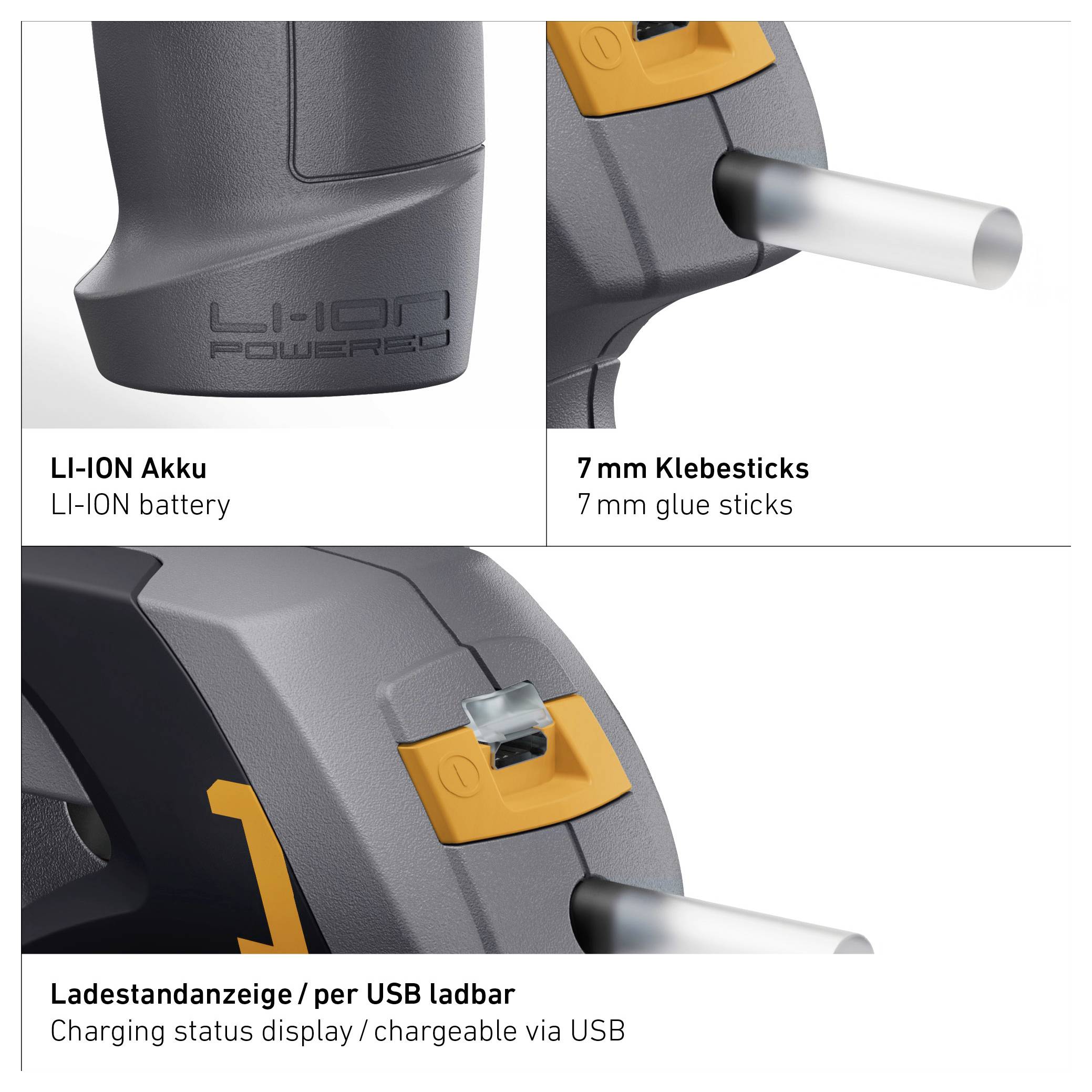 Infografik eines Akku-Heißklebepistolen-Features: Li-Ion-Akku, 7-mm-Klebesticks und Ladeanzeige per USB.